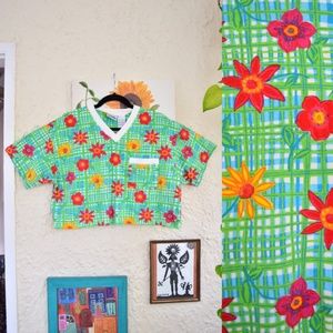 90s rainbow teal red yellow plaid floral crop top (M)